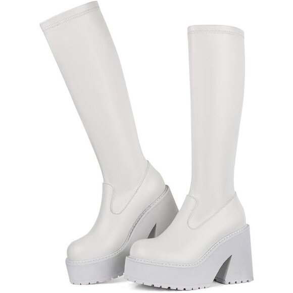 Aminugal Womens White Synthetic Chunky Block High Heel Knee High Platform Boots - Picture 1 of 6